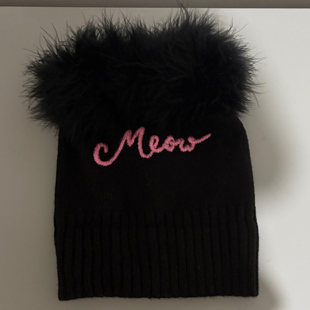 Black Kate Spade Beanie with Pink 'Meow' Embroidery